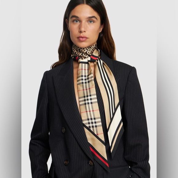 Burberry Triple Check Stripe Silk Ribbon Scarf - Picture 2 of 7